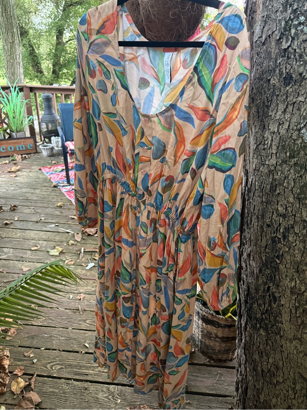 Rachel Pally Beige Midi Dress with Multicolor Leaf Print - 1X